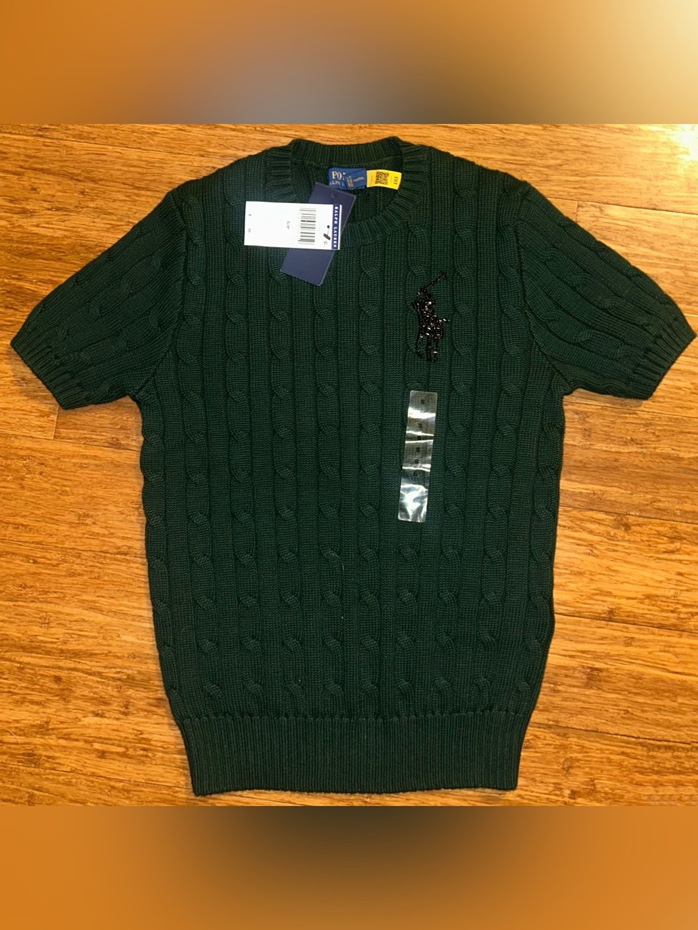 Polo Ralph Lauren Short Sleeve Cable Knit Sweater Beaded Big Pony Logo Green